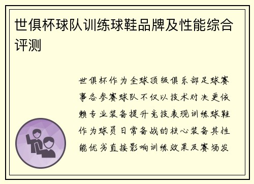 世俱杯球队训练球鞋品牌及性能综合评测