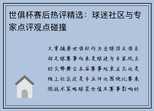 世俱杯赛后热评精选：球迷社区与专家点评观点碰撞